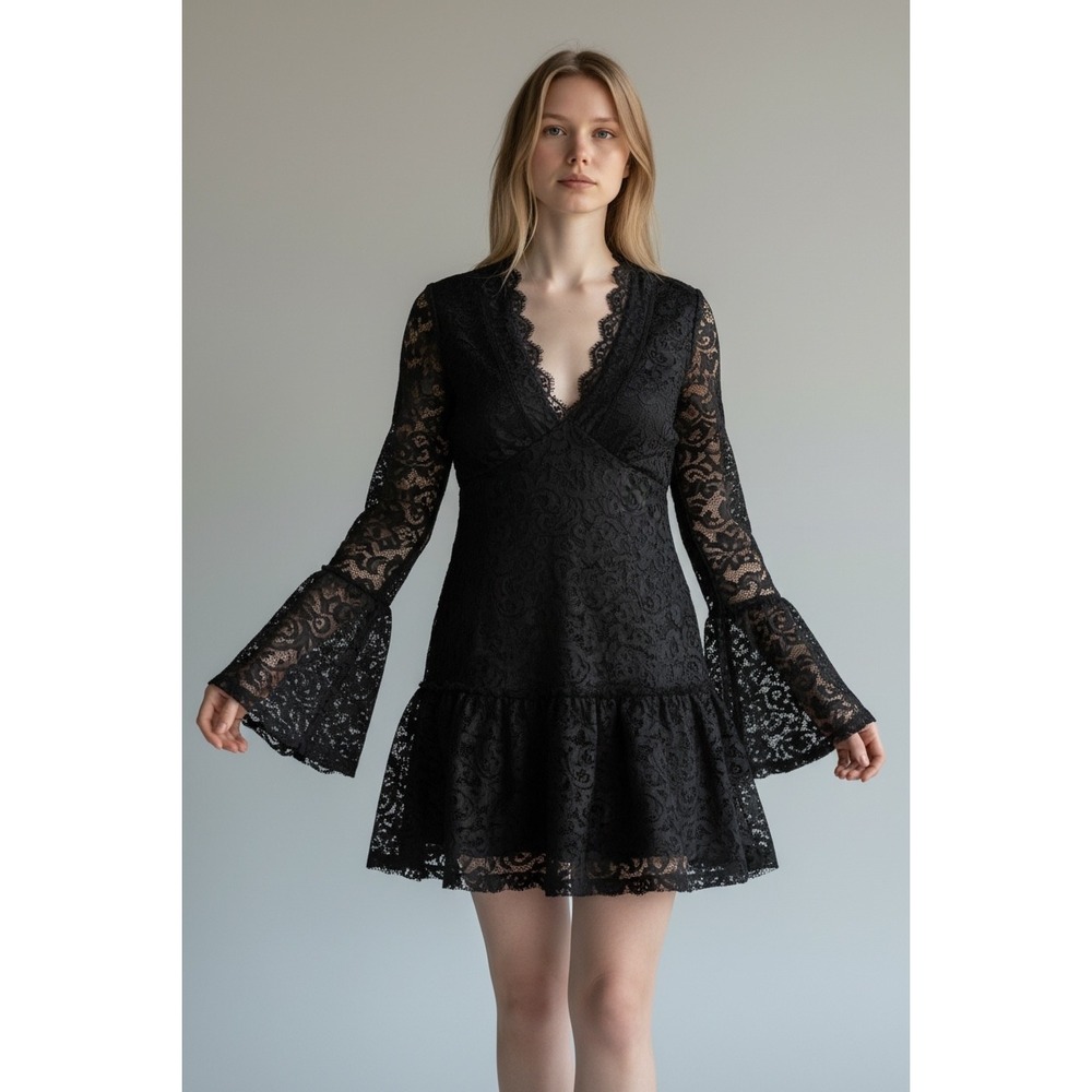 Black Floral Lace V-Neck Mini Dress with‎ Dramatic Bell Sleeves and Ruffle Hem